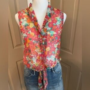 Black Poppy Button/Tie Front Sleeveless Floral Blouse